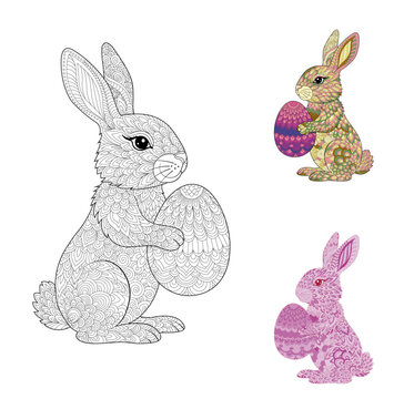 Zentangle Easter Bunny with Egg - Vector Illustration for Adult Coloring Books