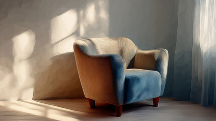 柔らかな自然光に照らされた布張りアームチェアの水彩ポリゴン