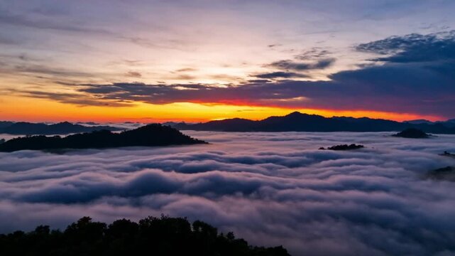4K aerial timelapse of clouds under a vivid sunset sky in Thailand, featuring dramatic cloudscapes with deep red and purple tones.