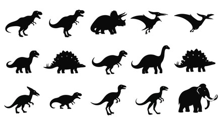 Black dinosaur figures featuring a collection of ancient prehistoric animals rendered in a clean, flat 2D silhouette style, isolated on a stark white background for easy use. © Rahmanart
