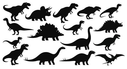 Prehistoric dinosaur silhouettes in black, depicted using a bold, flat 2D vector illustration style, ideal for historical and scientific concepts isolated on a clean white background.