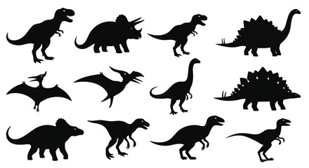 Black flat vector illustration set showcasing various prehistoric Jurassic dinosaur silhouettes, including simple stylized Tyrannosaurus and Triceratops icons isolated on a clean white background.