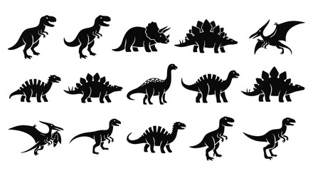 A collection of black silhouette dinosaurs, rendered in a simple 2D flat vector style, creating educational prehistoric reptile icons isolated on a white background.