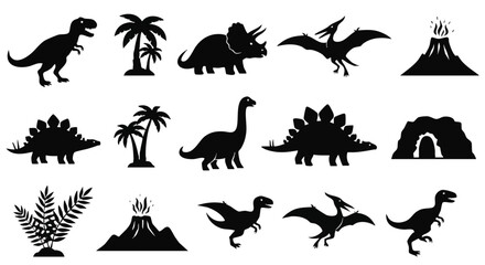 Black dinosaur silhouettes depicted in a flat 2D vector illustration icon set, showcasing simple prehistoric wildlife figures isolated against a clean white background. © Rahmanart