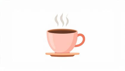 Steaming hot coffee or tea in a pink cup on a saucer. Isolated vector illustration of a warm morning beverage.