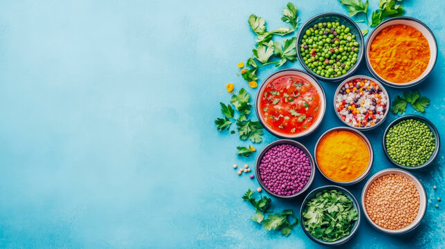 Vibrant and colorful overhead view of various healthy ingredients including spices, lentils, peas, and chopped herbs beautifully arranged in bowls on textured blue background, perfect for culinary ins