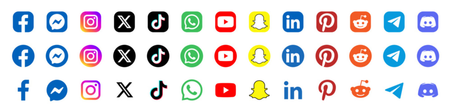 Social media icon set or social network logos. Containing facebook, messenger, instagram, x, tiktok, whatsapp, youtube, snapchat, linkedin, pinterest, reddit, telegram, discord.