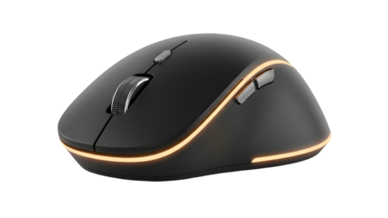A black ergonomic computer mouse with glowing orange led light on a black background