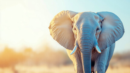 Intense close-up portrait of magnificent African bush elephant illuminated by dramatic golden hour sunlight on dry savanna plains.