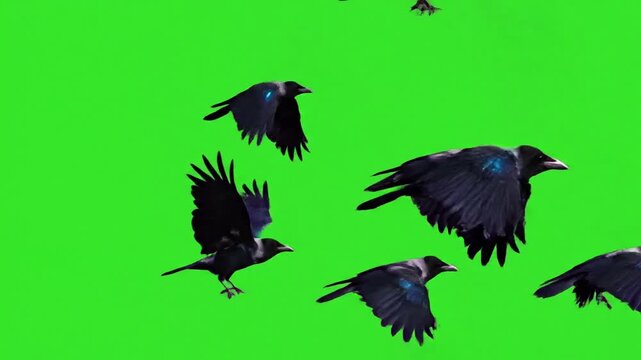 Black silhouette against golden hour light with black crows fly into the effect green screen style featuring black crows, nature