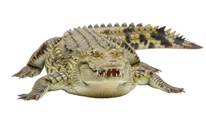 Large, aggressive saltwater crocodile showing sharp teeth and snarl isolated PNG with Transparent Background
