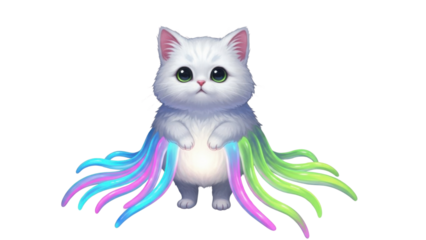 Cute white fluffy kitten illustration with large eyes and neon multicolored glowing tendrils isolated PNG with Transparent Background