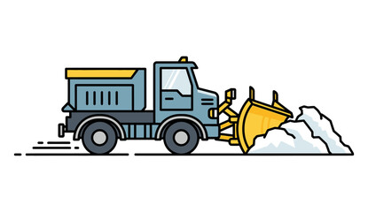 Flat design vector illustration of a snow plow truck in grayish blue and bright yellow.