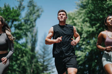A group of three athletes running in a sunny park, showcasing health and fitness. They are active, diverse, and enjoying outdoor exercise among fresh and green surroundings.