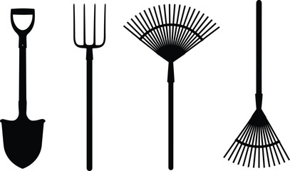 Garden tools silhouette collection, shovel rake pitchfork illustration, outdoor equipment icon set for landscaping, cad drawing flat vector illustration © meri999