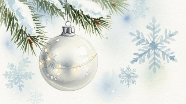 Wei&szlig;e Weihnachtskugel h&auml;ngt an einem Tannenzweig vor zartem Aquarellhintergrund  mit ruhiger winterlicher Stimmung Generative KI