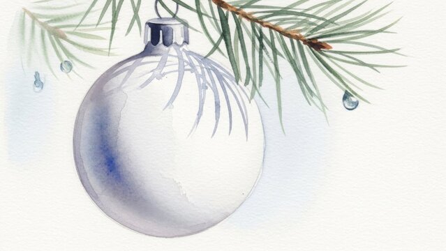 Wei&szlig;e Weihnachtskugel h&auml;ngt an einem Tannenzweig vor zartem Aquarellhintergrund  mit ruhiger winterlicher Stimmung Generative KI