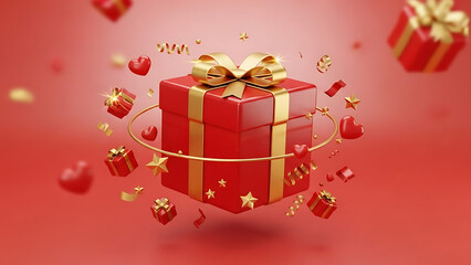 a vibrant composition of floating red gift boxes adorned with golden ribbons and confetti set against a rich red backdrop evoking celebration high quality professional detailed