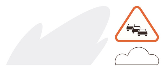 Triangular traffic warning sign with car icons, representing congestion. Cloud symbolizes air pollution. Ideal for transport, urban planning, environment, awareness, safety, signage and ecology