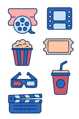 Colorful movie icons featuring popcorn, soda, and tickets, perfect for cinema, entertainment, and film-related designs.