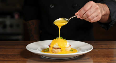 Professional chef's hand pours rich yellow sauce over savory toast and poached egg dish garnished with greens.