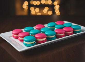 Many colorful french macarons on a white plate with bokeh lights background. Delicious baked pastry cookie for a sweet treat or celebration.