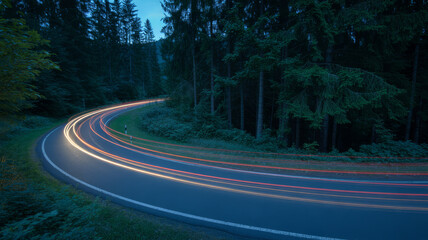 Light trails streak across a winding forest road at twilight painting the dark trees with streaks of motion.