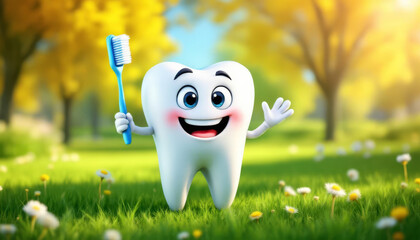 Smiling cartoon tooth with toothbrush stands in sunny meadow embracing nature's fresh air.