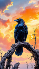 A solitary raven perches on a gnarled branch against a vibrant fiery sunset sky.