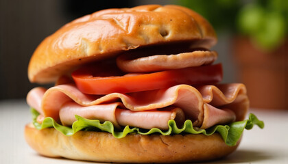 Delicious ham sandwich with lettuce tomato and a fluffy bun.