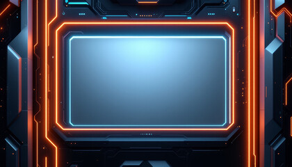Futuristic screen framed by neon orange and blue lights on a dark metallic panel.