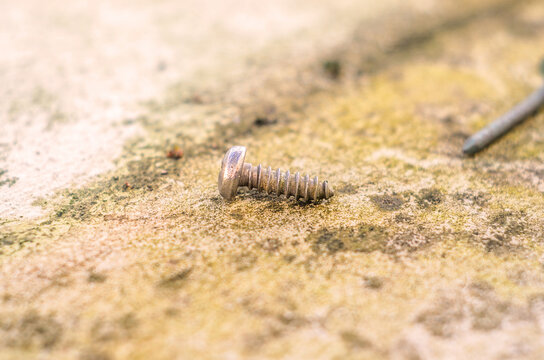 Close-up macro shot of a single metal screw lying on a textured, weathered surface - Powered by Adobe