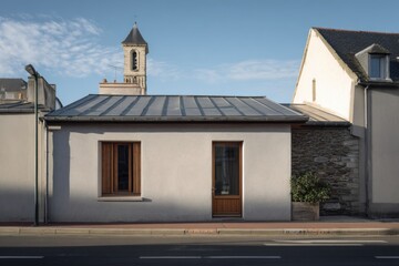Obraz premium In a quaint small town on a clear day, there stands a contemporary building featuring a sloped roof and a charming wooden door right by a towering church spire