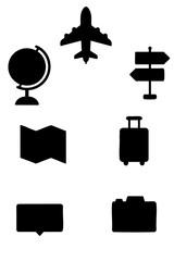 Travel and tourism icons featuring a globe, suitcase, and map, ideal for journey planning, adventure, and vacation-themed designs.