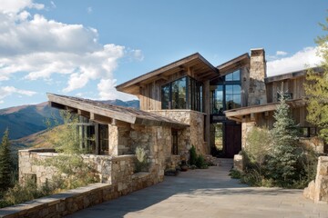 Fototapeta premium House made of stone and wood stands in front of a clear blue sky with a mountain view during the daytime with clouds scattered in the background