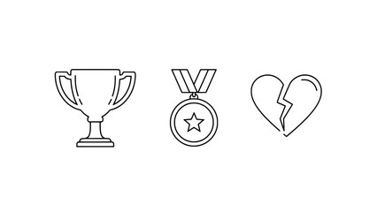 Line art icons: trophy, medal with star, and broken heart in minimalist outline style