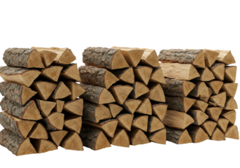 three stacked birch and oak firewood logs with extreme rough texture and visible grain against a transparent background using high-key studio side lighting. concept of natural resource and