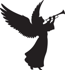 Fototapeta premium Black silhouette of angel playing trumpet with large wings