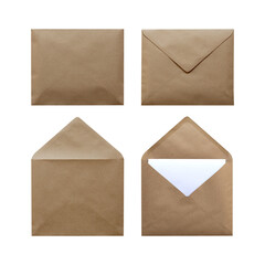 Set of Brown envelope front and back isolated on white background. Letter top view. Object with clipping path