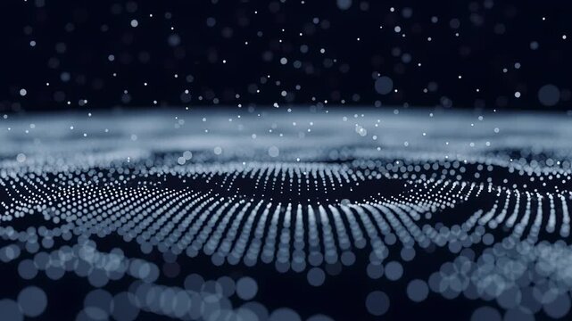 Abstract digital particle wave flowing across a dark background for big data and artificial intelligence concept with a futuristic tech vibe