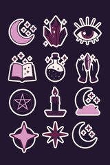Occult and mystic icons featuring candles, symbols, and crystals, ideal for spiritual, gothic, or tarot-inspired illustrations and designs.