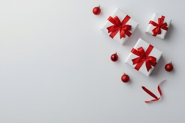 Festive christmas gifts tied with red ribbon and small red baubles scattered on a clean white background for holiday celebrations