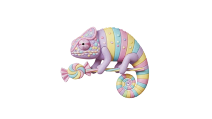 Cute Striped Pastel Candy Chameleon Perched on a Swirling Lollipop Branch isolated PNG with Transparent Background