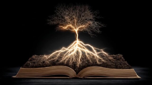 Book with tree lightning illustration symbolizing knowledge or power