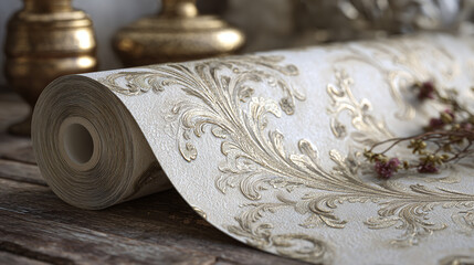 Exquisite wallpaper roll with intricate gilded patterns, revealing a touch of elegance and sophistication. The decorative design exudes opulence, captured in a detailed close-up
