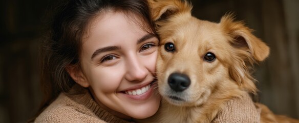 close up of cheerful woman hugging affectionate golden dog