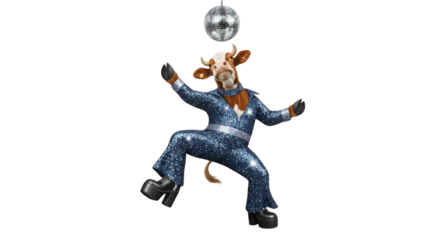 Funny Dancing Cow Wearing Blue Sequined Disco Jumpsuit and Platform Shoes isolated PNG with Transparent Background