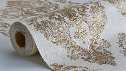 An elegant roll of wallpaper with a detailed damask design, perfect for home decor projects. The design is in tones of gold and beige, adding a touch of sophistication to any space.