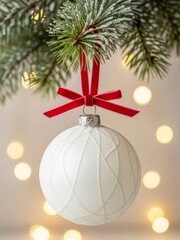 Wei&szlig;e Weihnachtskugel mit roter Schleife h&auml;ngt am Tannenzweig vor warmem Lichterbokeh und Schnee f&uuml;r festliche Stimmung Generative KI