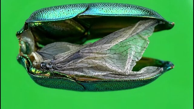 A beetle wing shell lifting slightly to reveal the inner layer, isolated on a pure green screen background.
